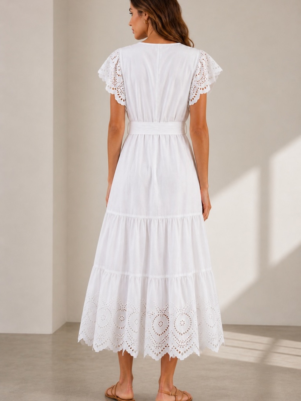 Rails White Eyelet Tiered Midi Dress with Waist Tie - Picture 2 of 3